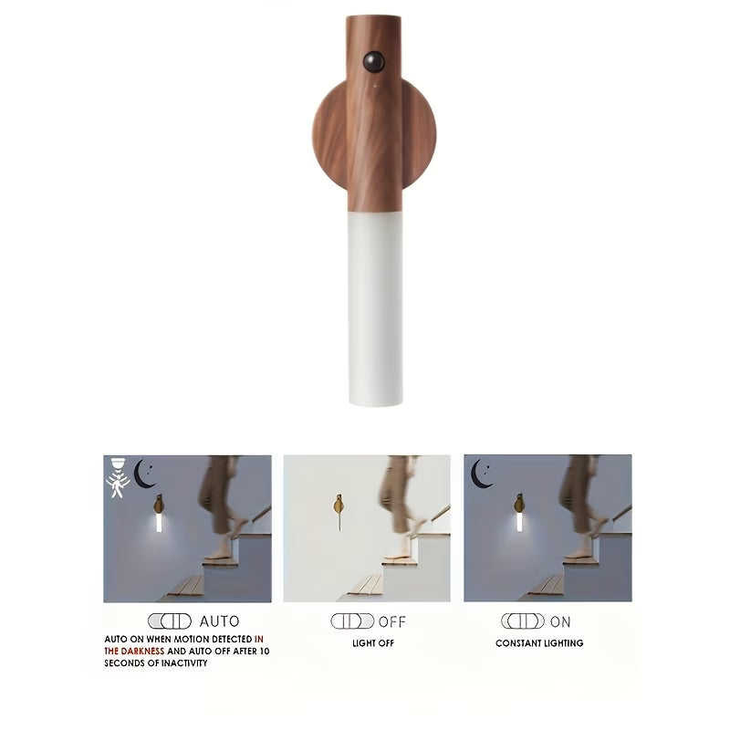 💡 Magnetic Wall Light with Motion Sensor – Brown Wood